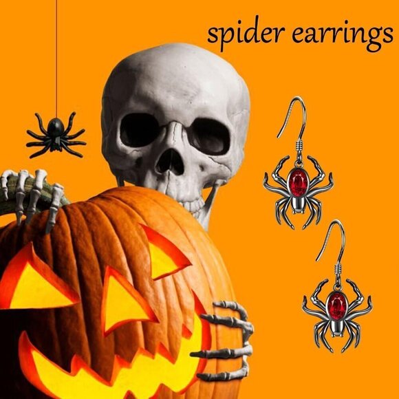 Women Sliver & Red Spider Sterling Gothic Halloween Dangle Earrings Jewelry - Picture 6 of 6